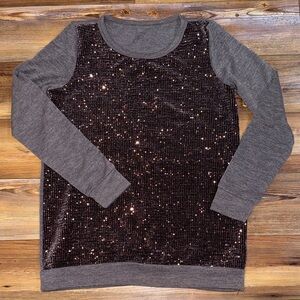 Brown Sequin Front Long Sleeve Sweater Top